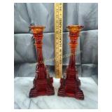 Vintage amberina Eiffel Tower candle sticks