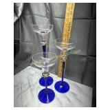 Set of 3 cobalt and clear candle holders