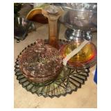 Pink candy dish, platter, carnival candle stick