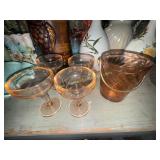 Pink depression stemware and ice bucket