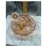 Pink depression bowl and candle holders,