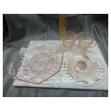 Pink depression bowl and tidbit tray with cream