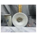 Blue bird advertising, bird bowl and glass