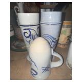 3 blue glazed stoneware steins