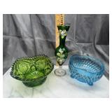 Green and blue bowls and vase