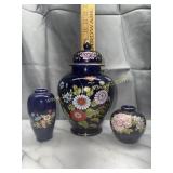 Kutani ginger jar and cobalt blue vases