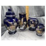 4 Japan cobalt blue peacock vases and ginger jars