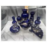 Japan cobalt blue peacock vases and small pieces