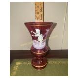 Mary Gregory cranberry hand painted vase 6in