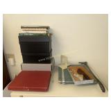 Paper cutter, storage boxes and cookbooks
