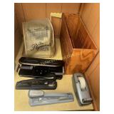 Group of vintage office desk items-staplers, tape