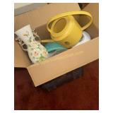 Box kitchen items, water can, vase