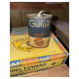 Gulf oil can and cigar boxes