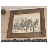 Framed sketch print of mules and wagon with h