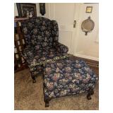 Navy floral tapestry wingback chair and ottoman