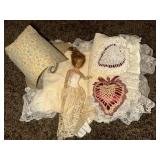 Vintage doll, doll blankets, crochet hearts,