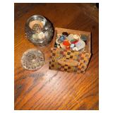 Jar and small wood box of buttons