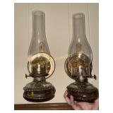 Pair of antique wall mount oil lamps with brass