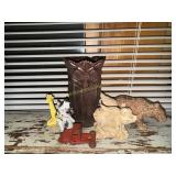 Vintage animal figurines, owl vase, toy truck