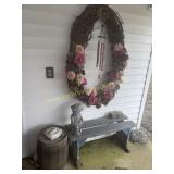 Bench wreath  nail keg and decor