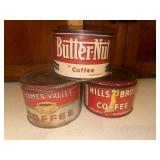 3 vintage coffee tins- butter-nut, hills bros,