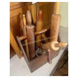 Ole dough rollers/ rolling pins in wooden caddy