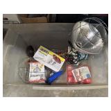 Tote of poultry supplies- heat lamps, water and