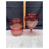 Etched cranberry pedestal vase and pair of candy