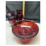 Ruby red burple glass bowl and 2 vases