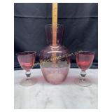 Cranberry etched carafe and 2 stems