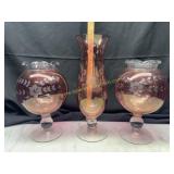 Cranberry etched pedestal vase and rose bowls
