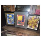 3 framed peices of folk and abstract art some are