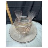 Pink depression platter stems and cracker jar