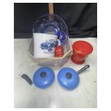 Cobalt dish, vintage mug, collapsible cups- salt
