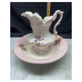Pink ceramic pitcher and wash basin