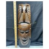 Wood carved tribal art mask with elephant top