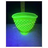 Fenton topaz uranium hobnail fan vase has chips