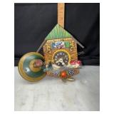 Miniature wooden cuckoo clock and toy top