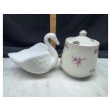 Satin milk glass swan and jelly jar