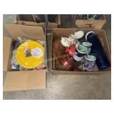 2 boxes insulated cups, plate chargers, mugs,