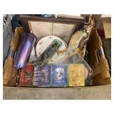 Box with Starbucks cups, dishes, metal art