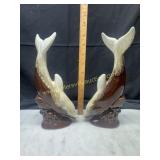 Rare Japan brown drip glaze dolphin statues
