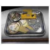 Tray with bridge score card fans, antique hat