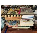 Metal rack of vintage books