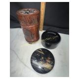 Chinese tea caddy and lacquer coaster set