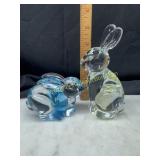 2 art glass rabbit paperweights