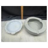 Milk glass and pottery ashtray