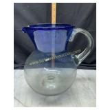 Hand blown clear and cobalt pitcher