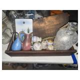Hand painted shakers and dishes in wooden box