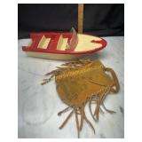 Vintage toy boat and leather fringe pouch